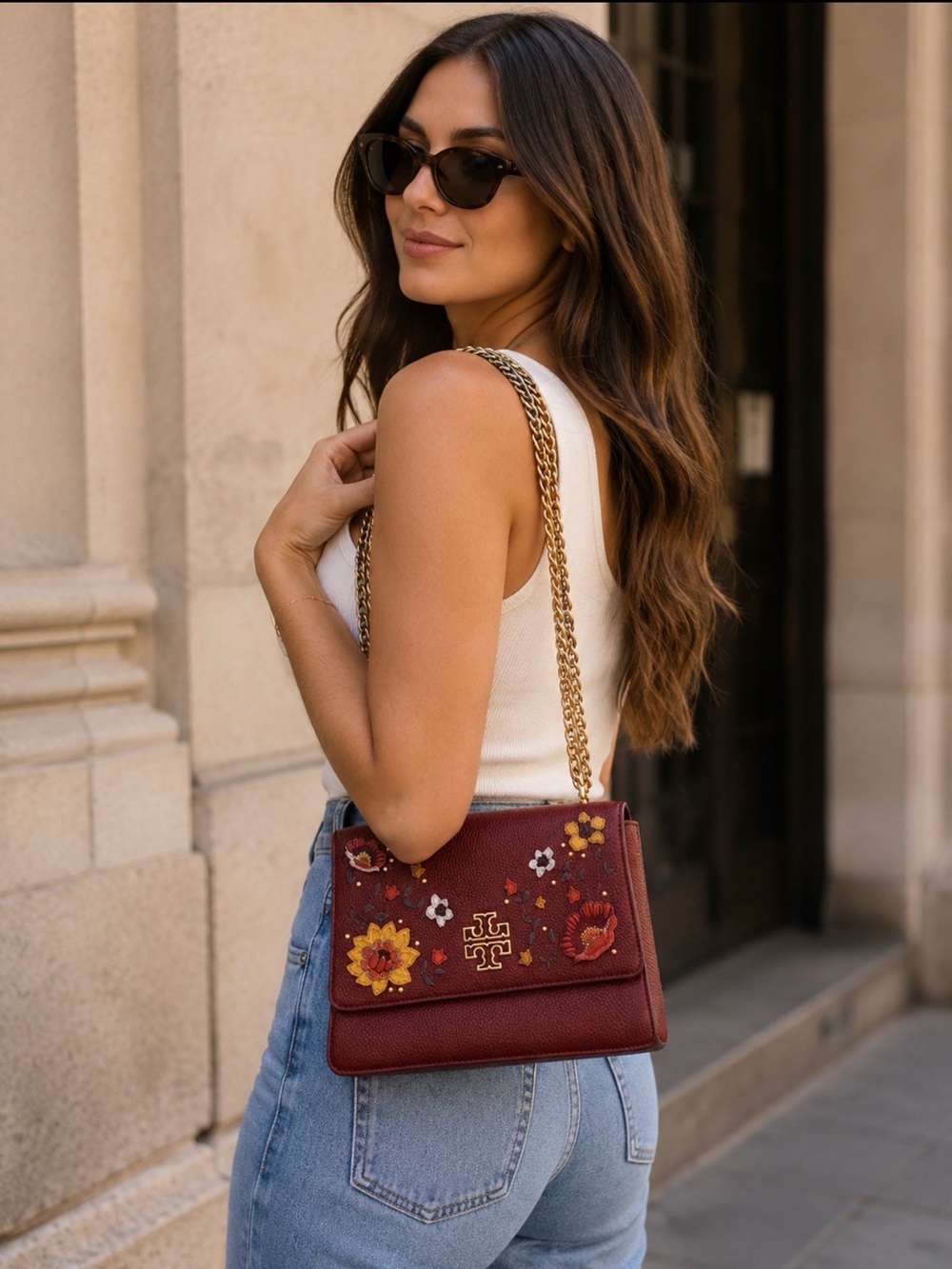 Tory Burch Burgundy Floral Appliqué Shoulder Bag with Gold Chain